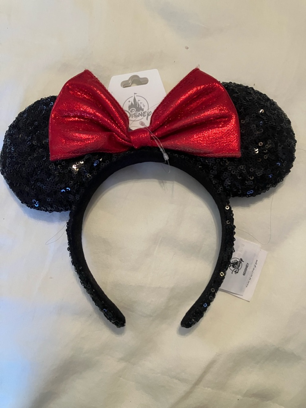 Disney Black Sequin Minnie Ears Headband with Shiny Red Bow